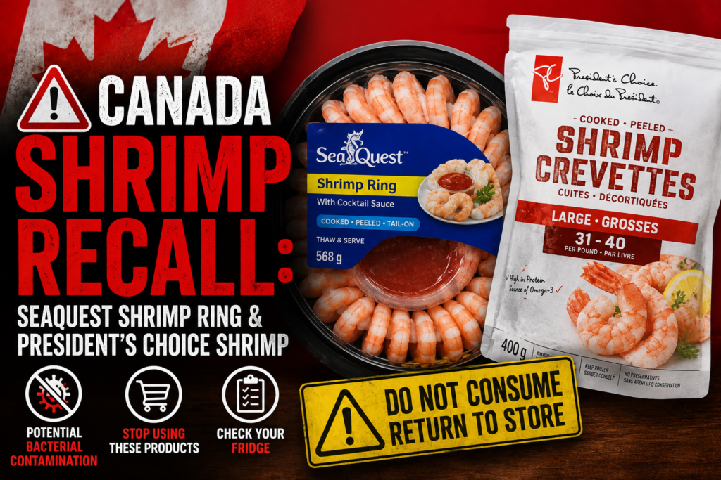 Shrimp ring with cocktail sauce illustrating a Canadian seafood recall alert