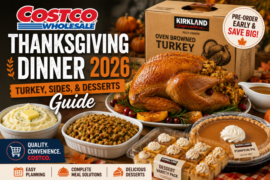 Costco Thanksgiving dinner items including turkey sides and desserts.