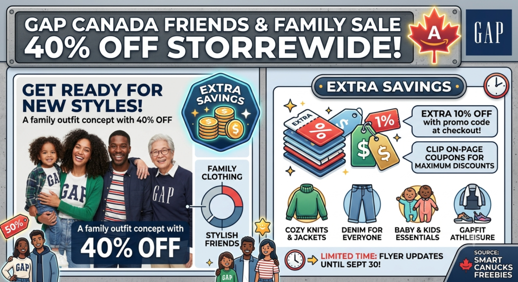 Gap Canada Friends & Family Sale featuring 40% off clothing and extra savings on eligible styles.