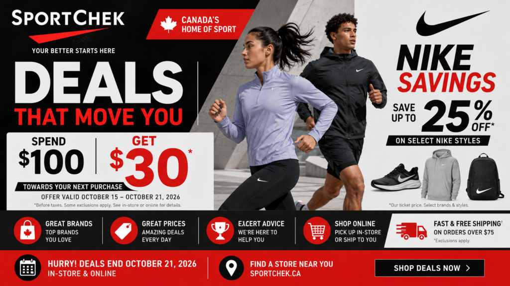 Sport Chek Canada deals featuring athletic shoes, sportswear and a promotional offer on qualifying purchases.