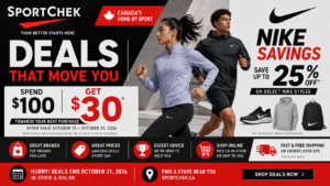 Sport Chek Canada deals featuring athletic shoes, sportswear and a promotional offer on qualifying purchases.